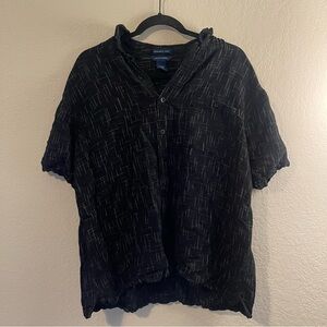 Falls Creek Linen Rayon Blend Black White Patterned Button Down Large Top